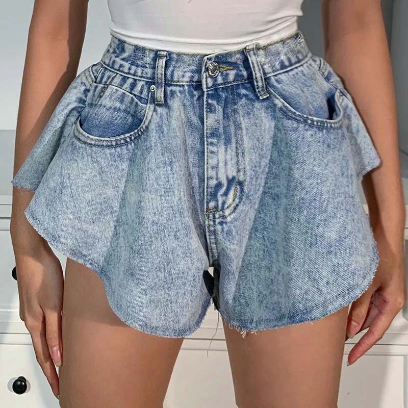 

Wholesale Fashion 2021 Summer Elegant Casual Irregularity Wide Leg With Pocket Denim Hot Shorts for Women Sexy Jeans Shorts