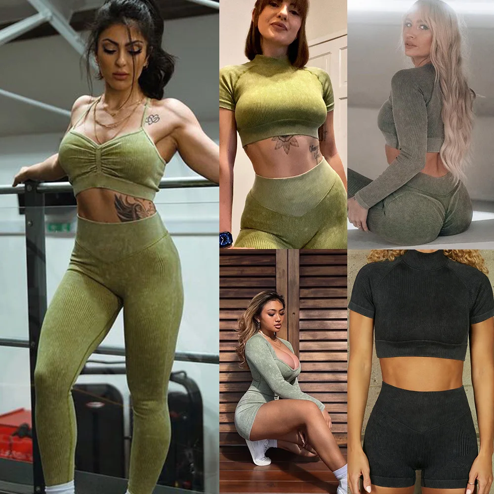 

New 2/3/6PCS Ribbed Seamless Sand Washed Yoga Sets Sport Gym Suits Women Workout Clothes Scrunch Booty Leggings Set Fitness Wear