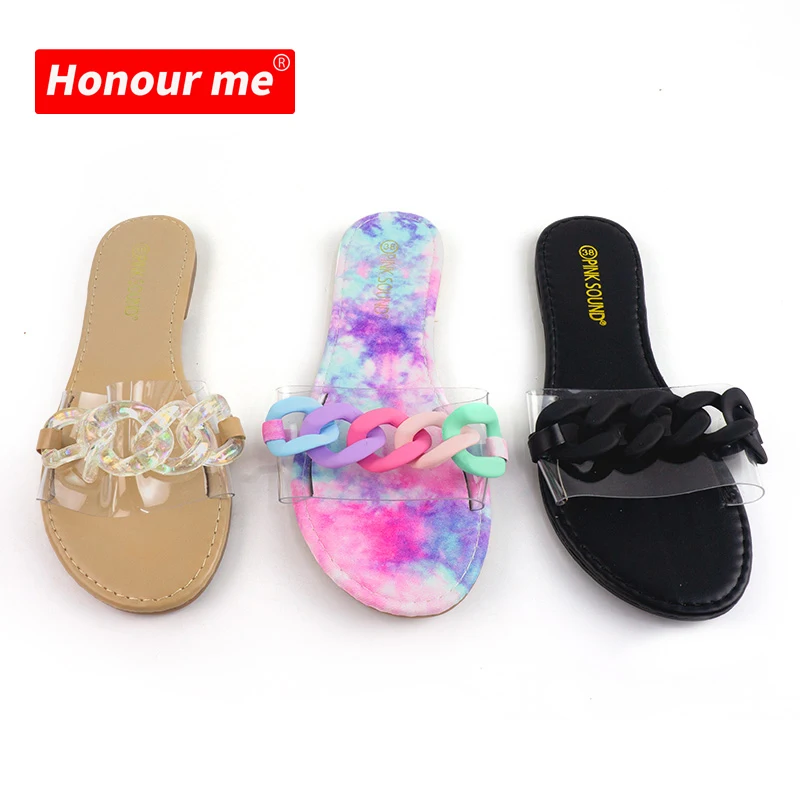 

2021 Spring new style women summer slippers fashion colorful slides flat shoes pvc clear chain ladies slippers and sandals
