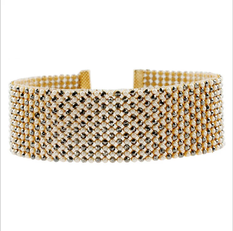 

Gold color metal jewelry necklace set round multi layer diamond necklace