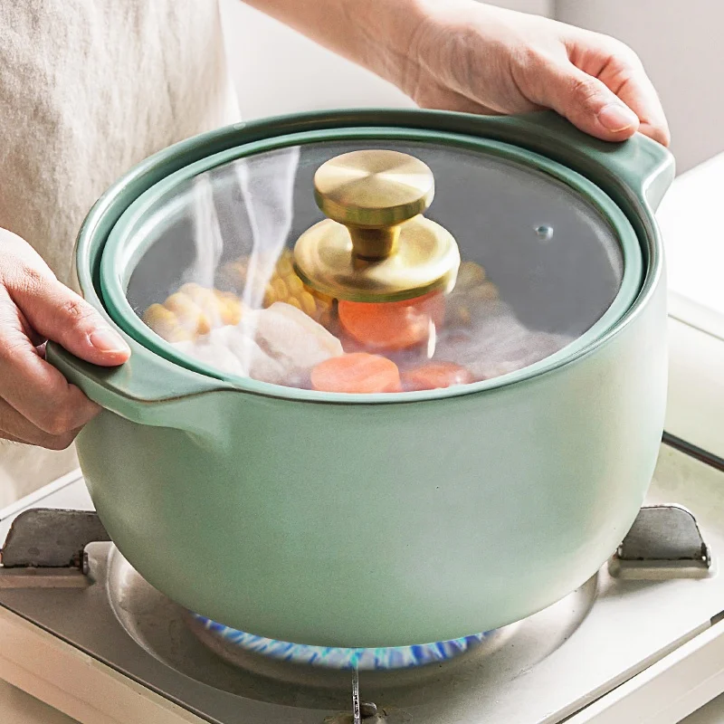 

High Temperature Resistant Casserole Saucepan Cooker Soup Pot Ceramic Cooking Flameproof Casserole With Glass Lid, 4 colors available