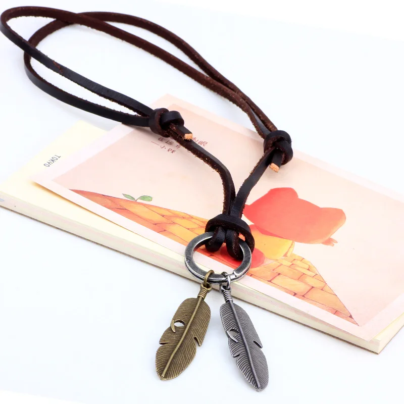 

Hot sale Genuine Leather feather Pendant necklace PU rope necklace for men