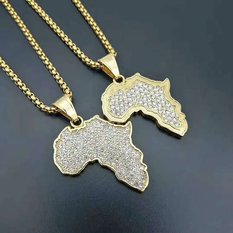 

Hot selling rhinestone 18K gold plated stainless steel Africa map crystal necklace jewelry