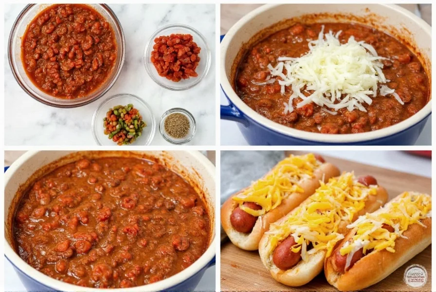 Step-by-step preparation of homemade chili dogs showing ingredients, cooking process, and final presentation with melted cheese and onions