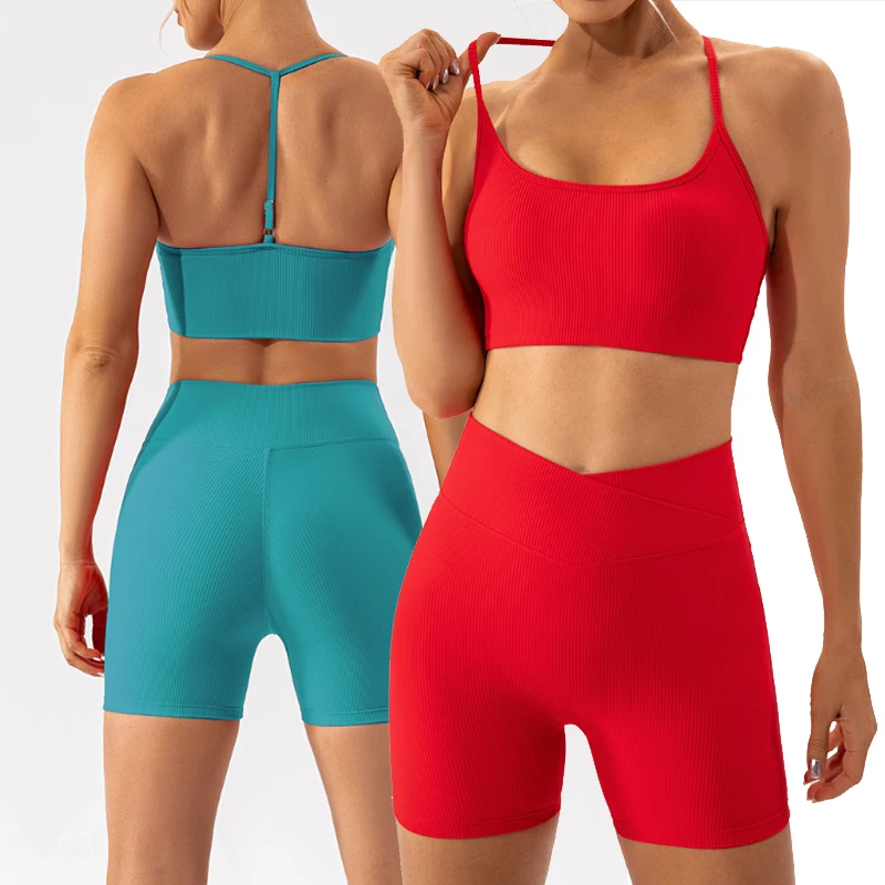 Hot Sale Women's Running Sportswear Set Women sexy back bra ribbed shorts Yoga Fitness Workout Wear Set