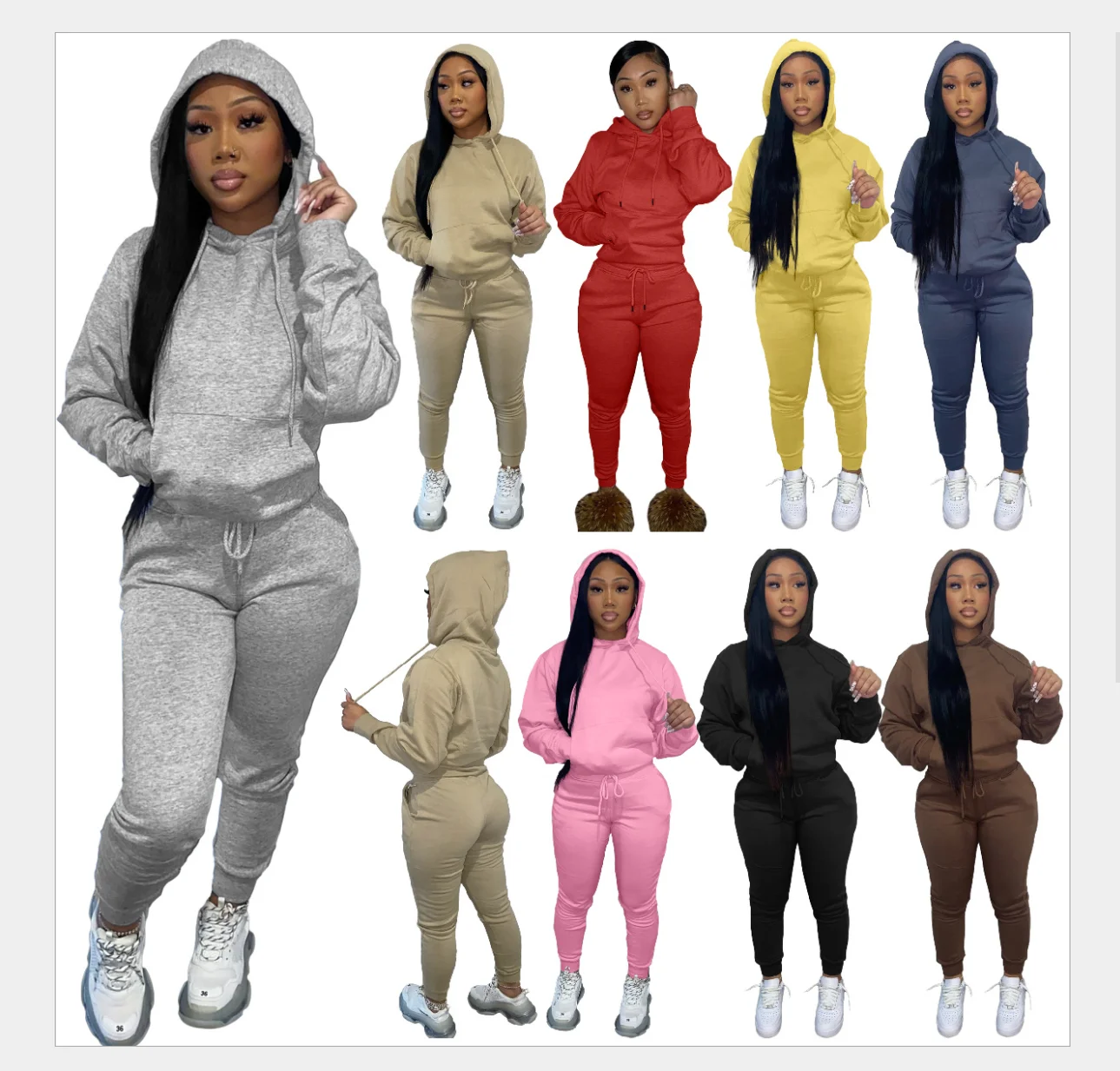 

Wholesale women's Hooded Sweater Set sports solid color two piece set, 5 colors