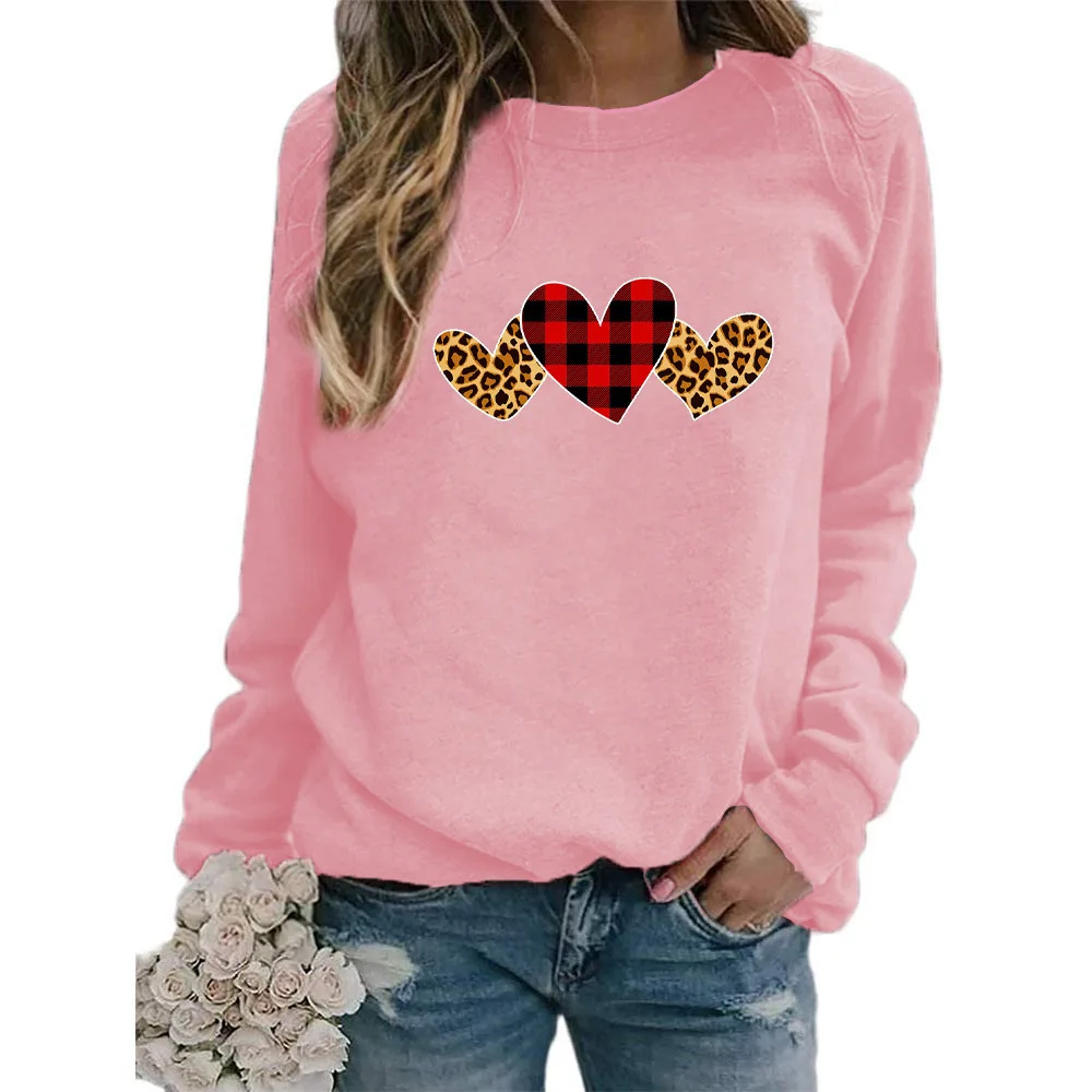 

Hot sale loose leopard heart print long sleeves o neck pullover hoodies