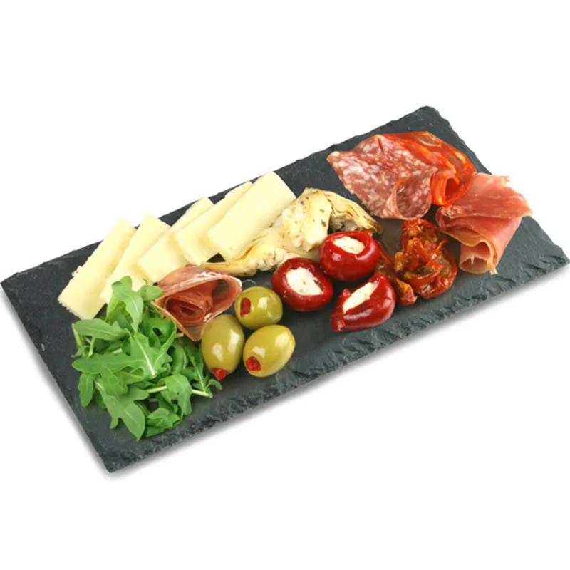 

Factory Direct Sales rectangle shape natural slate plate cheese board with cutlery set, Black