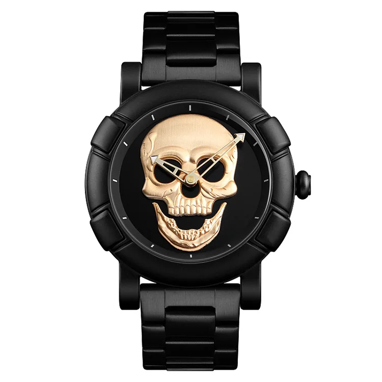 

Black trendy 3D embossed dial skull style watch supports custom quartz watch