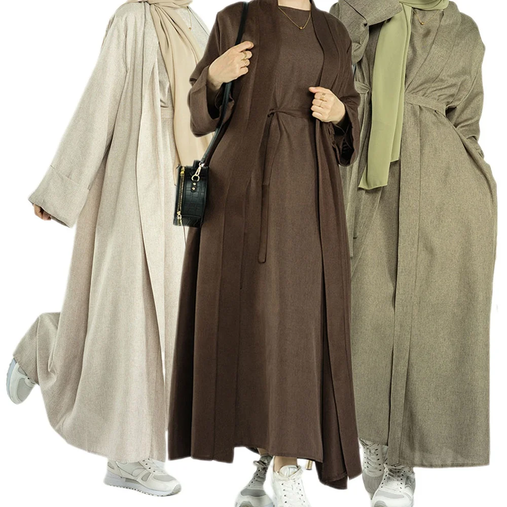 Kimono Open Abaya Ramadan EID Long Sleeve Cardigan Islamic Clothing Women Muslim Dubai Linen Front Open Abaya
