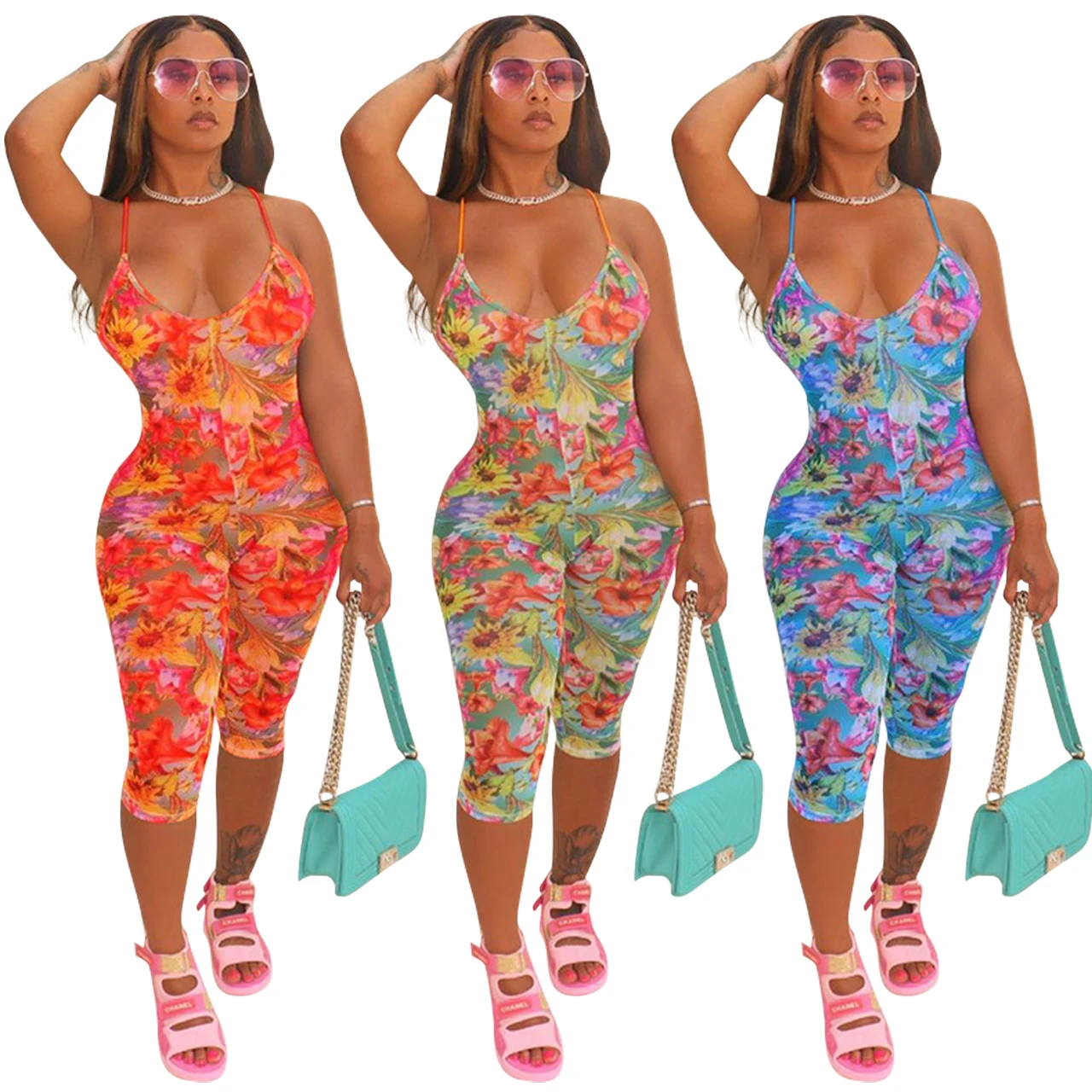

YQY21S824 women jumpsuit 2021 fashion sexy sling V-neck printing holiday style jumpsuit summer jumpsuit for woman