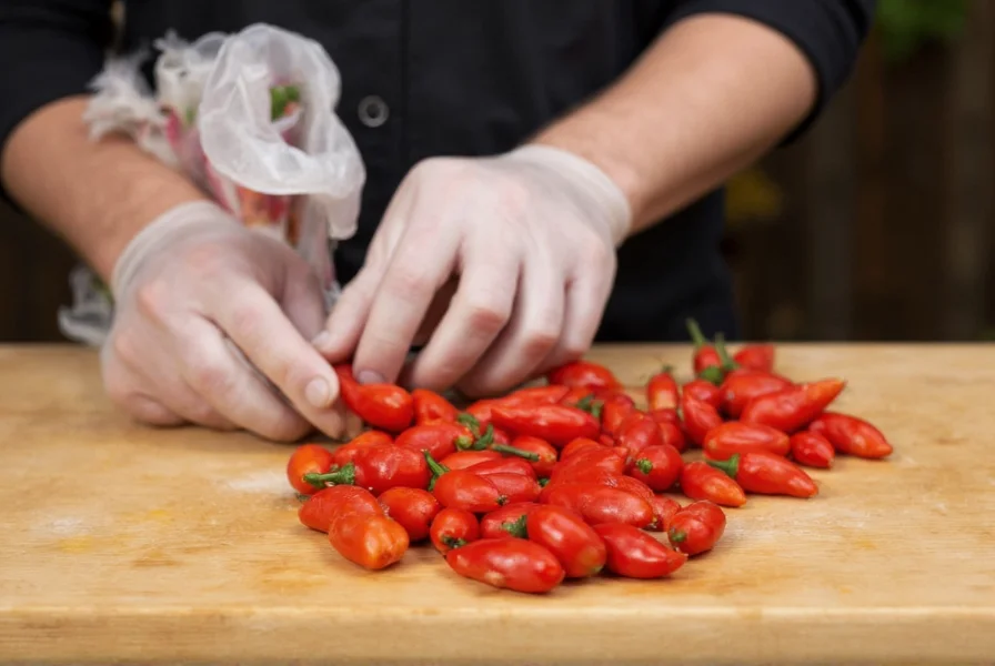 Person wearing protective gloves while carefully handling Carolina Reaper peppers on cutting board