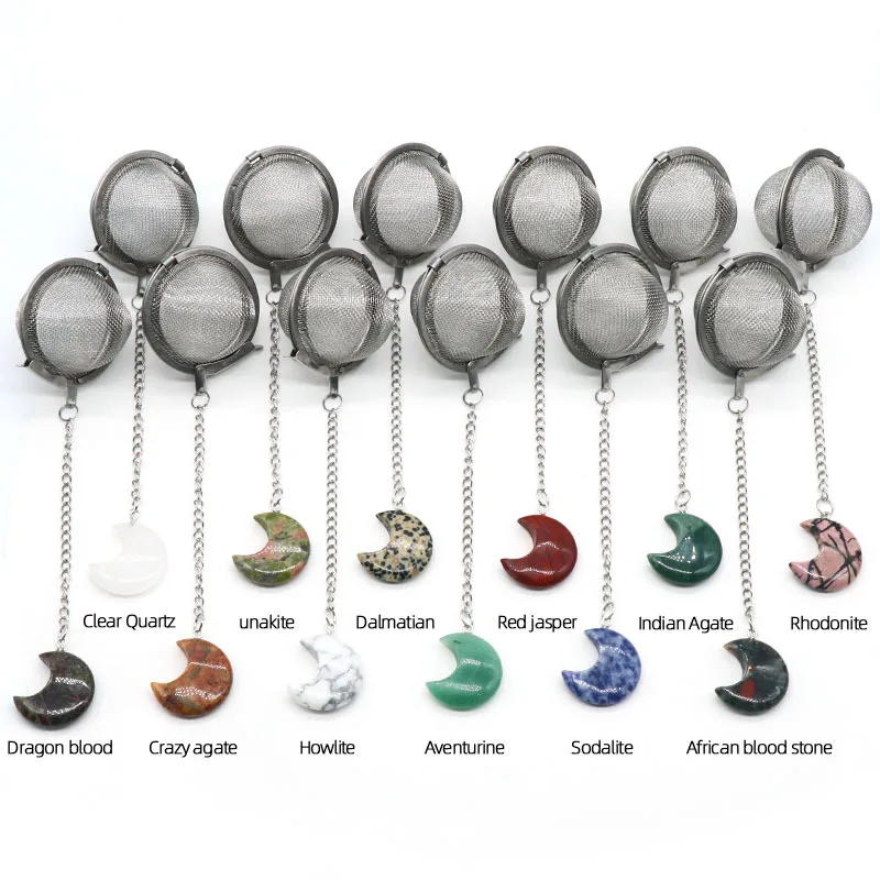 

304 Stainless Mesh Tea Filter Ball with Crescent Pendant Healing Gemstone Crystal Tea Infuser Moon Shape Rhodonite Tea Strainer