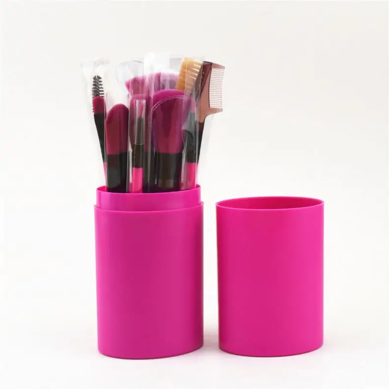 

2018 portable beauty barrel cosmetics brushes kit professional make up brush set for beginners with 12 pcs, Pink, purple, black, light pink, rose red, lake blue