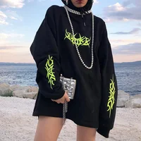 

Gothic Hooded Hoody Women Black Neon Print Women's Hoodies Loose Pullover Autumn 2019 Streetwear Oversize Hoodie Female Top