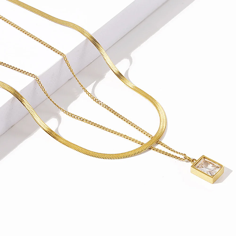 

Fashion Square Pendant Stainless Steel Necklace Double Layer Wear Gold Plated Women Necklace