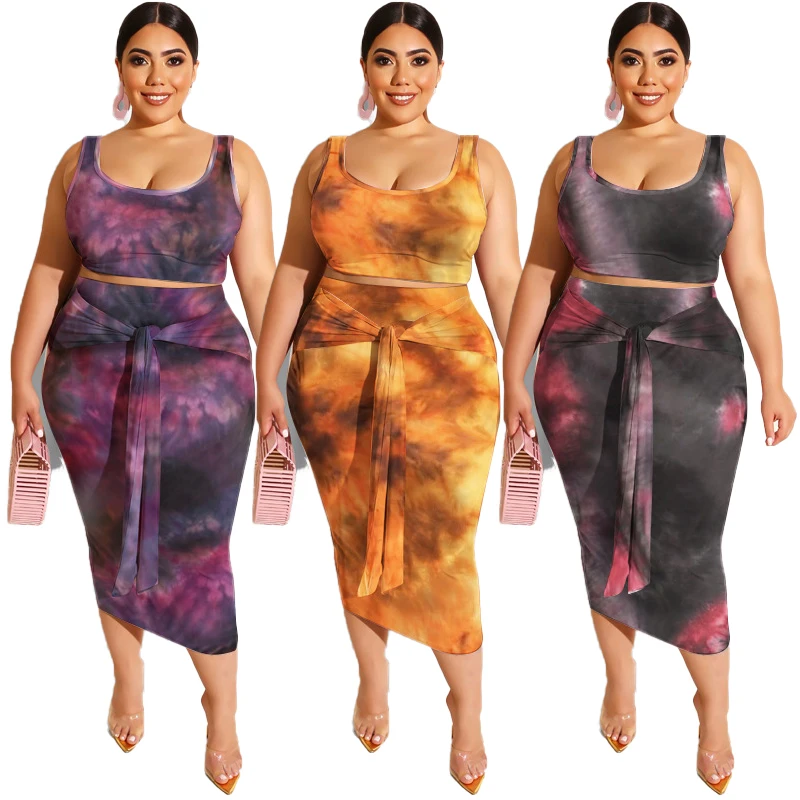 

QC-20778 factory wholesale 24 colors print drawstring oversize top and skirt summer plus size two piece set