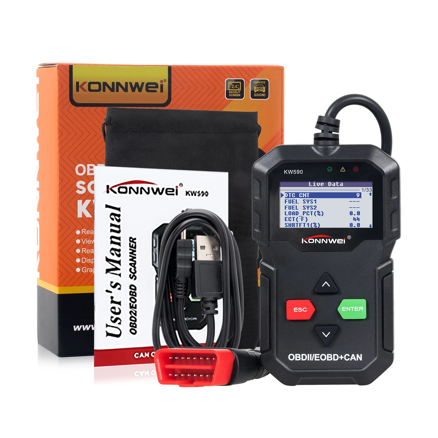 

KW590 OBD Automatic Diagnosis Tool KONNWEI Car Code Reader OBD2 Scanner Supports Multiple Languages