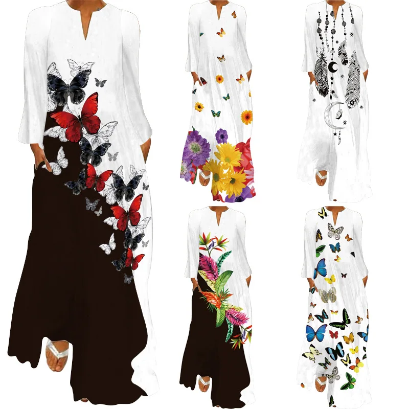 

2022 Women's Spring summer Hot Sell maxi length Digital 3D Floral Print Loose Casual long sleeve Plus Size Dresses