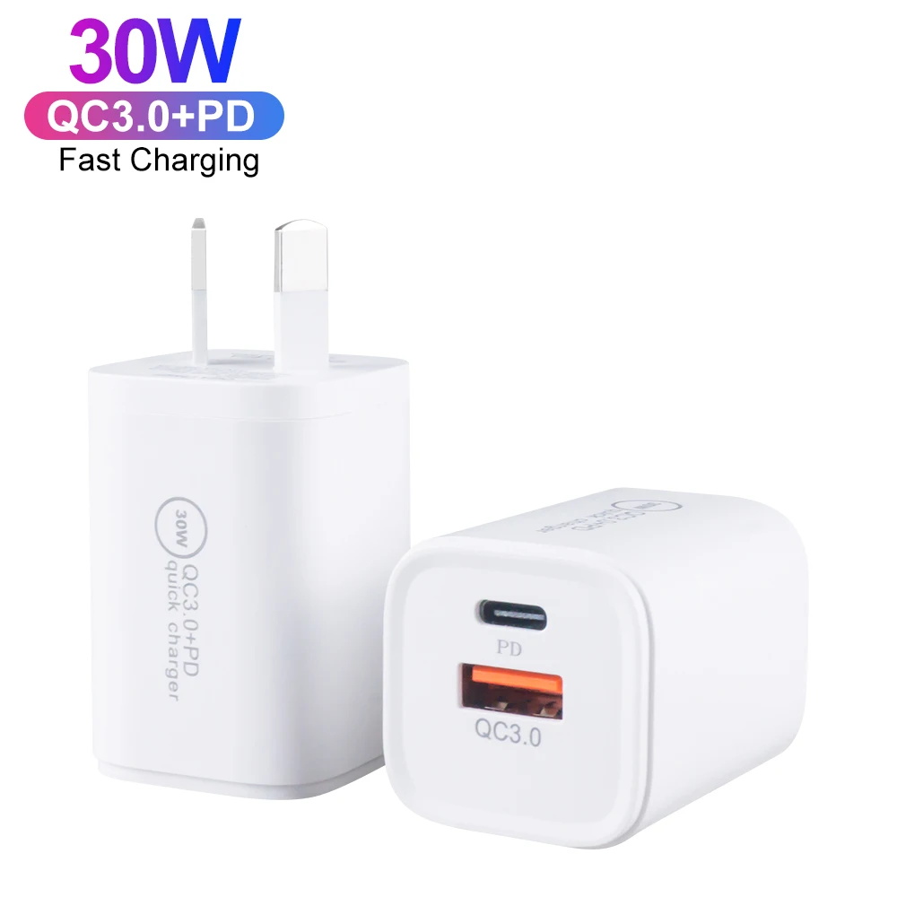 

Australia AU Plug 30 Watt Charger Adapter 30W GaN Mini USB C PD Wall Charger for iPhone Samsung Phone Charger, White