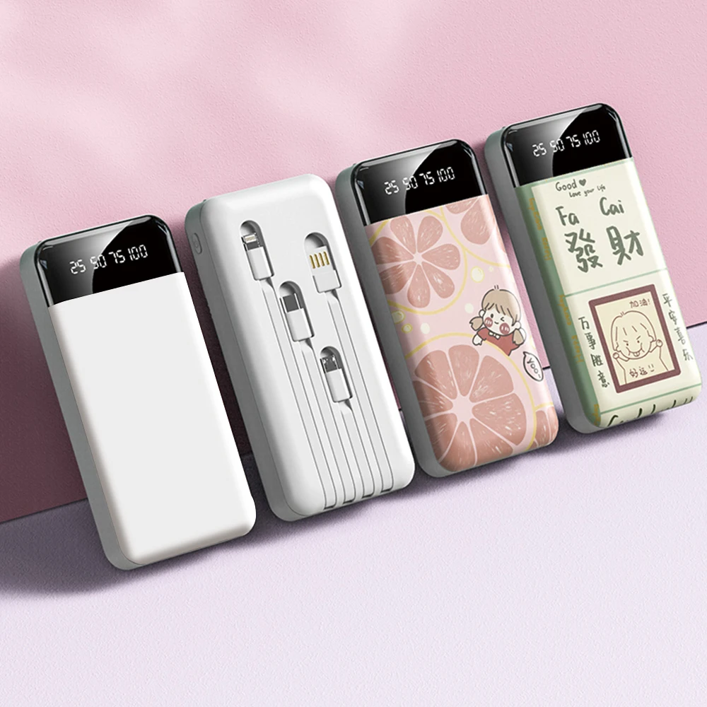 

2020 OEM Full Printed Cute Cartoon Logo Data Display Powerbank 20000 mAh Multi Cable Type C and Lighthing Power Bank