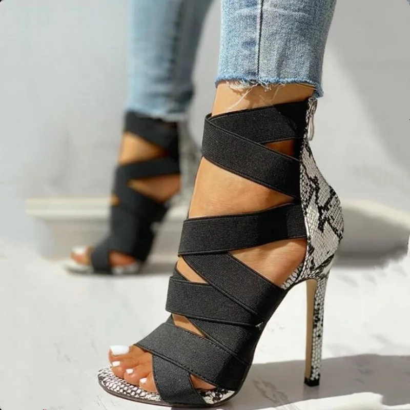 

Snake Summer Shoes Woman Pumps High Thin Heels Pointed Toe Rhinestone Gladiator Pumps Party Sexy Shoes Prom Shoes Sandale Femme, Black, beige