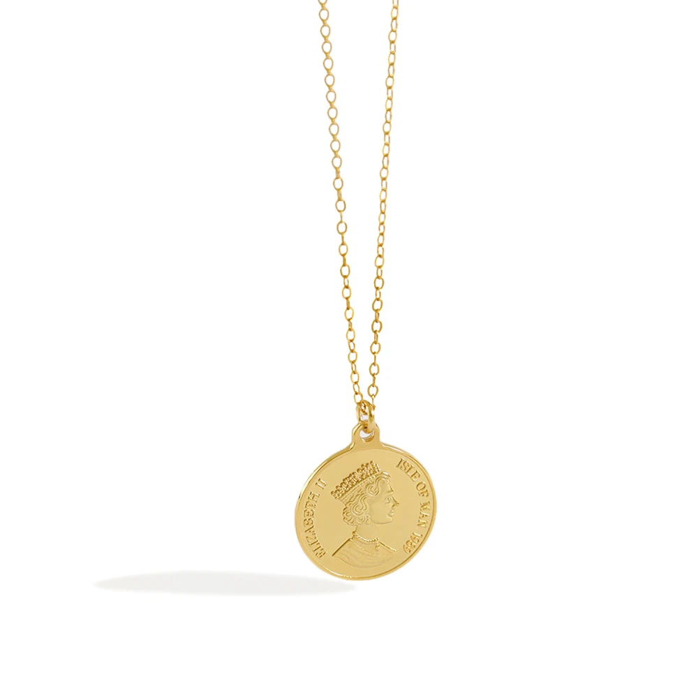 

Custom INS Uk Coin Chain Queen Elizabeth Image Drop Pendant 18K Gold Plated 925 Sterling Silver Necklace