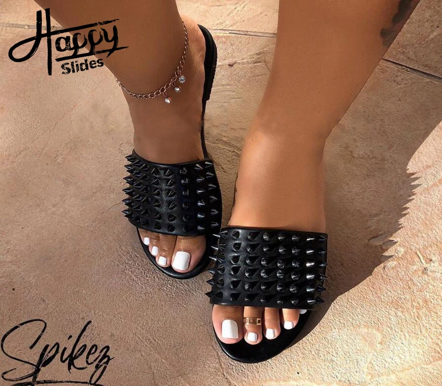 

Trend Summer Nail Beach Outdoor Slides Slippers Sandals For Ladies Women'S Flat Pink Nail Spiked Rivet Slides Sandals Slippers