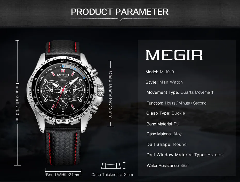 Megir 1010 Men Quartz  Watches Top Brand Luxury Leather Strap Male Men's Watch Sports Watches