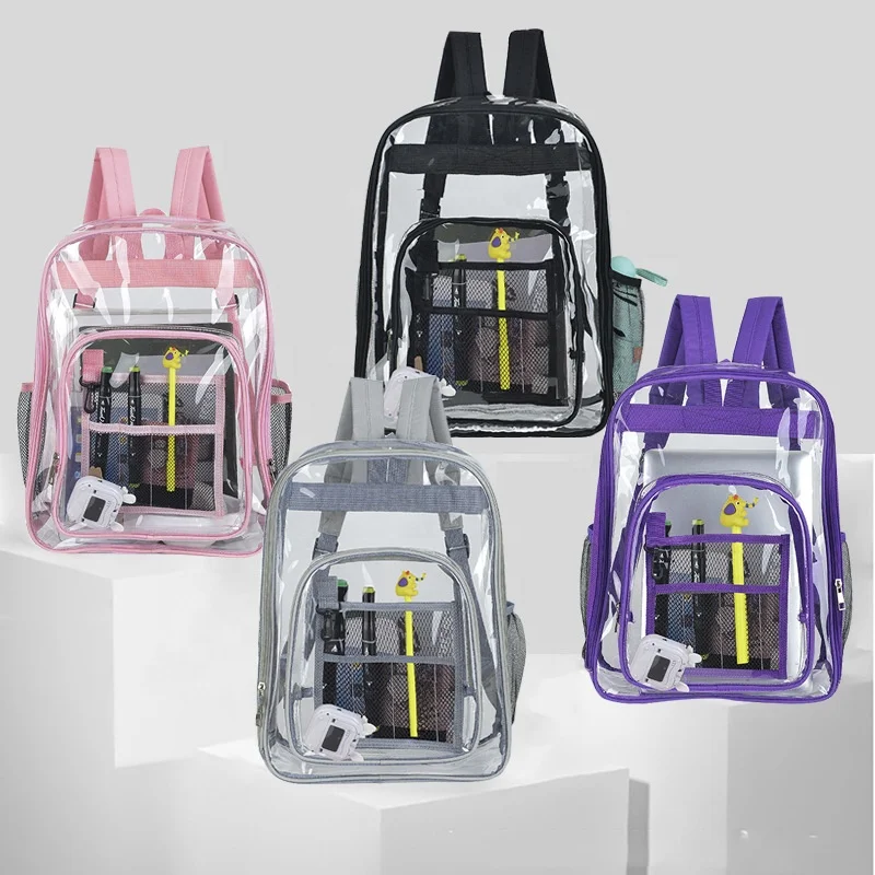 

Hot sell custom clear book bags with hook waterproof heavy duty clear transparent PVC school backpack for men women