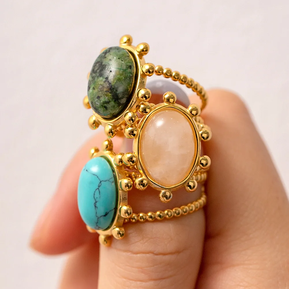 New Trend Stone Finger Ring Stainless Steel Double Layer Oval Quartz Turquoise Stone Open Ring