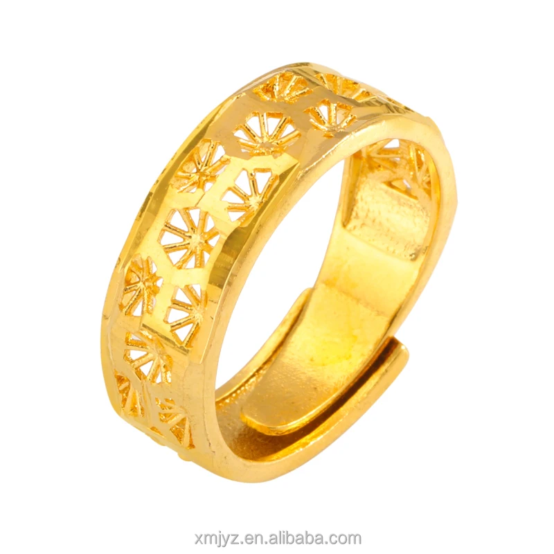 

Brass Gold-Plated Women's Ring Does Not Fade For A Long Time Hexagonal Rice-Shaped Hollow Imitation Sand Gold Open Ring Women