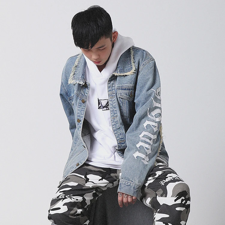 

GRKC in bulk tide softshell washed solid color casual denim coats print letter retro blue jean men fashion jacket for youth, 2 colors