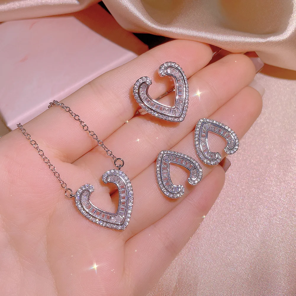 

European High Quality Iced Out Cubic Zircon Heart Necklace Set Bling Bling Crystal Rhinestone Love Heart Jewelry Set For Bride