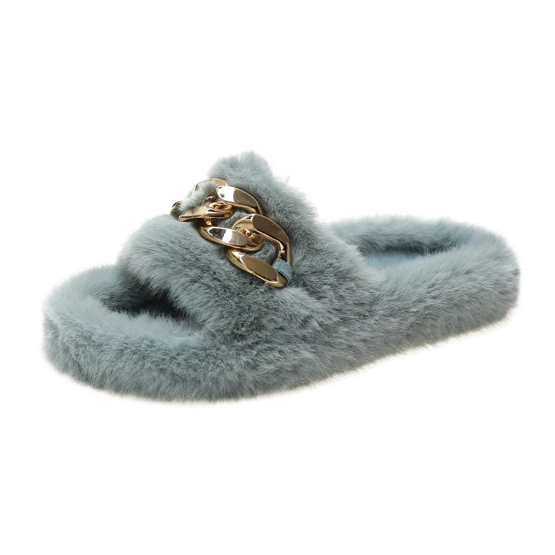 

Female chain decoration wool sandals 2021 new autumn winter fashion thick bottom ladies footwear slippers, White, brown, yellow, black, pink and blue