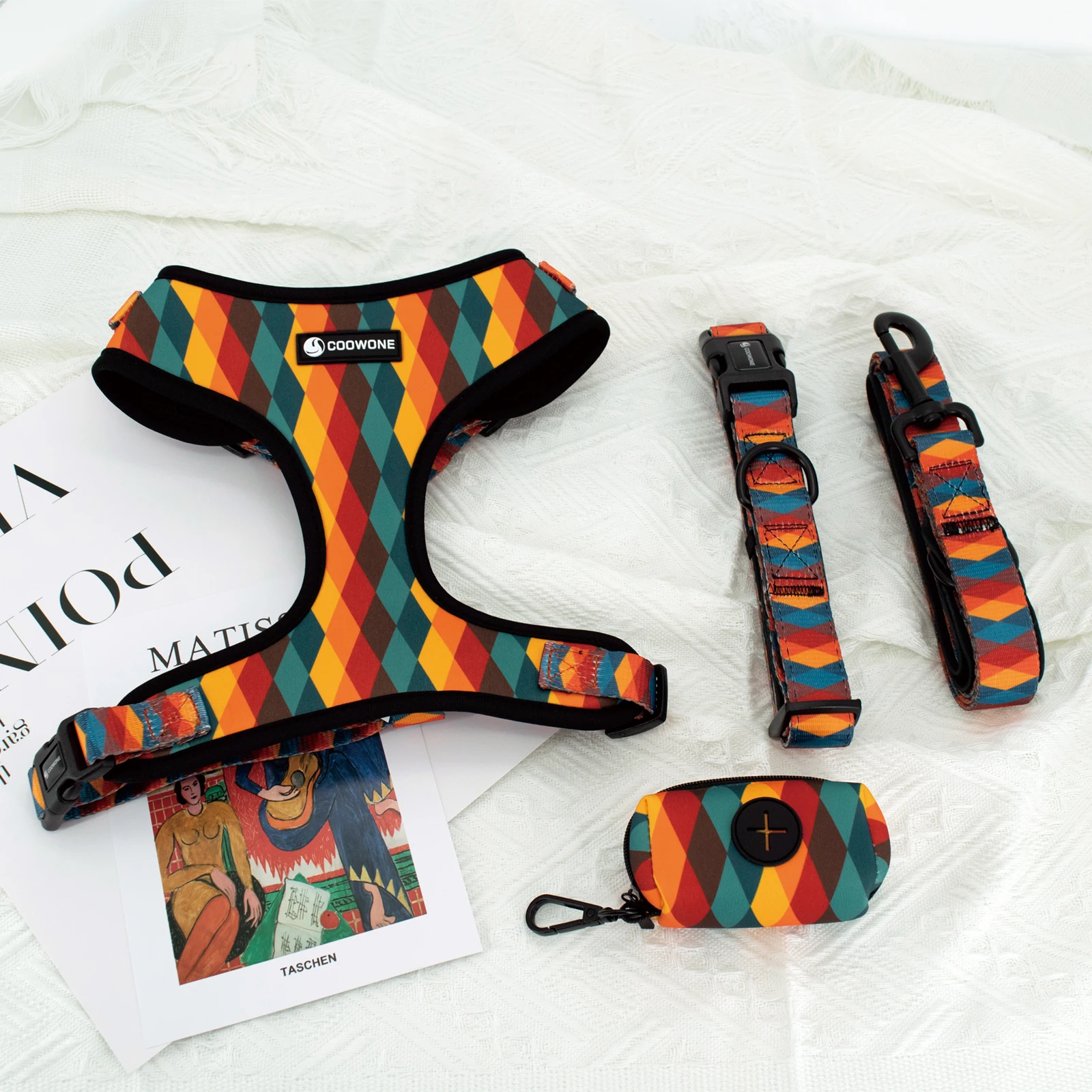 

Design customized printed soft dog harness matching with dog collar leash poop bag dispensers, Any pantone color