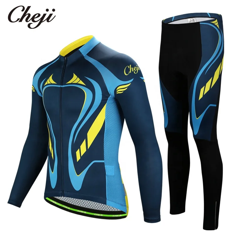 

CHEJI Men's Long Sleeves Bike Jersey and Pants Set Spring Autumn Quick Dry Cycling Clothing Kits, Black blue