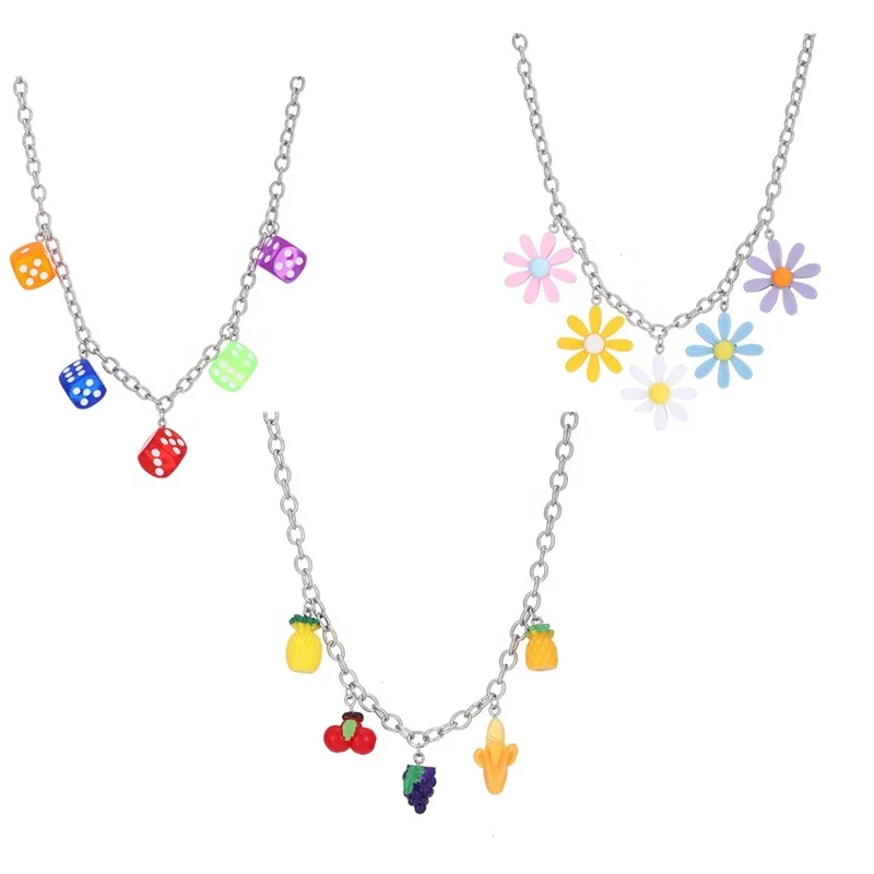 

fashion colorful Fruits dice flowers shape resin pendant necklace for women cute Elegant Vintage Long chain Jewelry Party Gifts, Silver