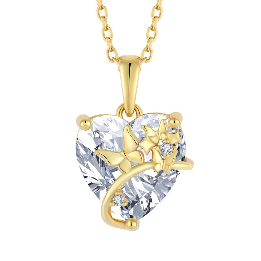 

YL 925 Sterling Silver Heart Cubic Zirconia Necklace Gold Plated Luxurious Silver Pendant Necklacefor Valentine's Day Gift