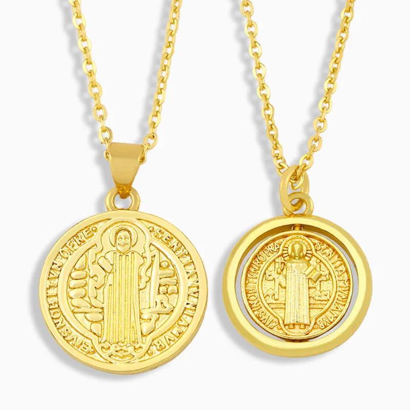 

HOVANCI 4 New Arrival 18k Gold Plating Christian Religion Jesus Engraved Round Coin Pendant Bling Zircon Virgin Mary Necklace