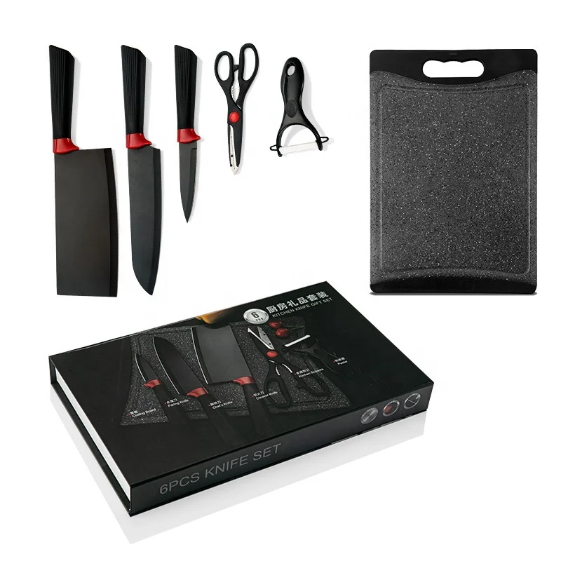 

Gift box Non-stick black Paring Peeler Shears Scissors stainless steel chef kitchen knife set 6pcs with cutting board