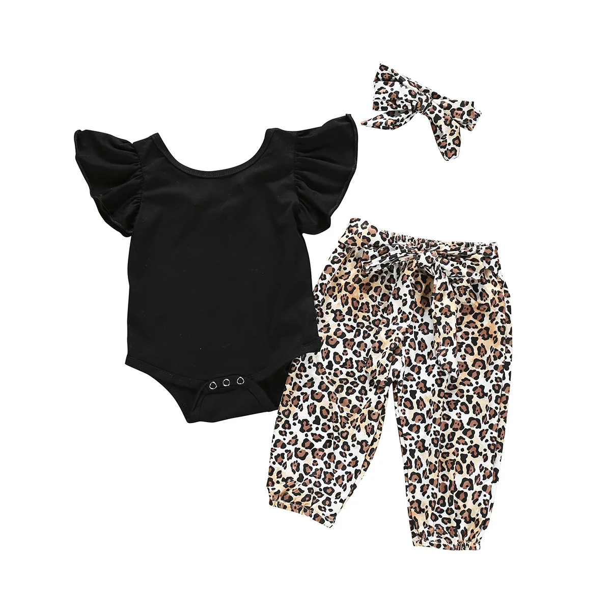 

Stock Girls Summer Suit Children 3 pieces Sets Clothes Romper Flying Sleeve leopard Pants with Headband KIds Outfits, As picture
