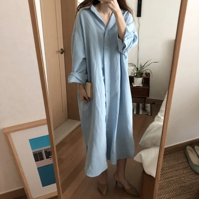 

Springway 2021 New arrivals Summer Lady Long Dress Plus-size Cotton V-neck Blouse Casual Dresses, White,blue,pink,khaki,navy