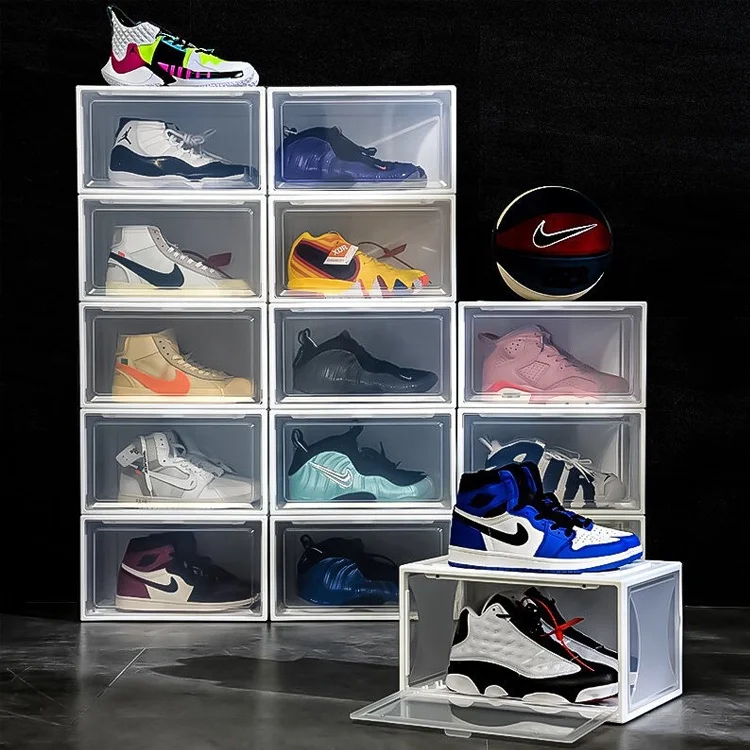 

Display shoe cases transparent drop front stackable magnetic PP shoe box, Black/ white