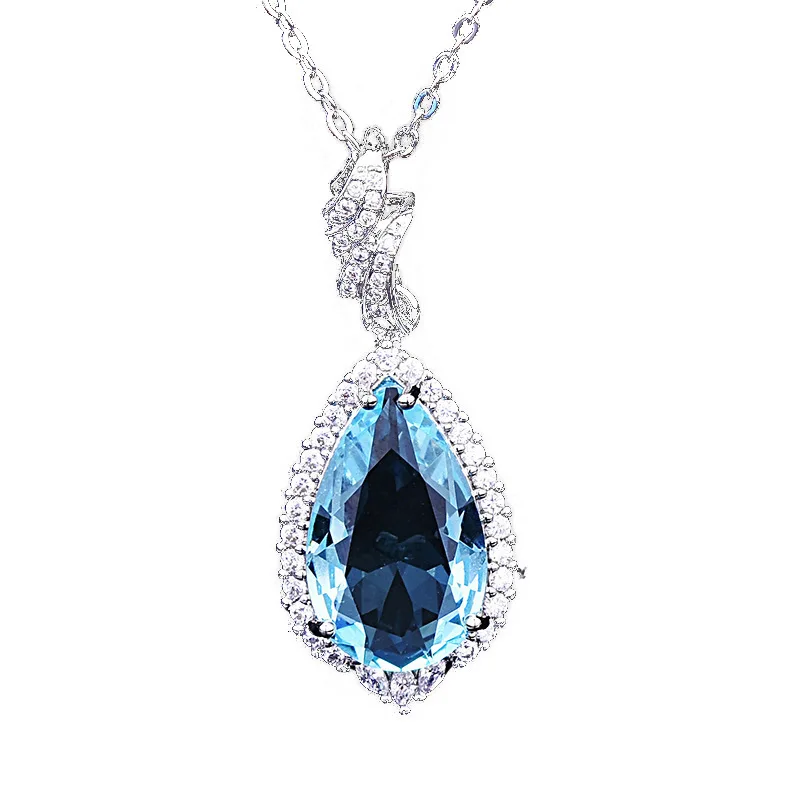 

European and American new style ocean water drop shape pendant necklace natural sapphire blue zircon necklace jewelry