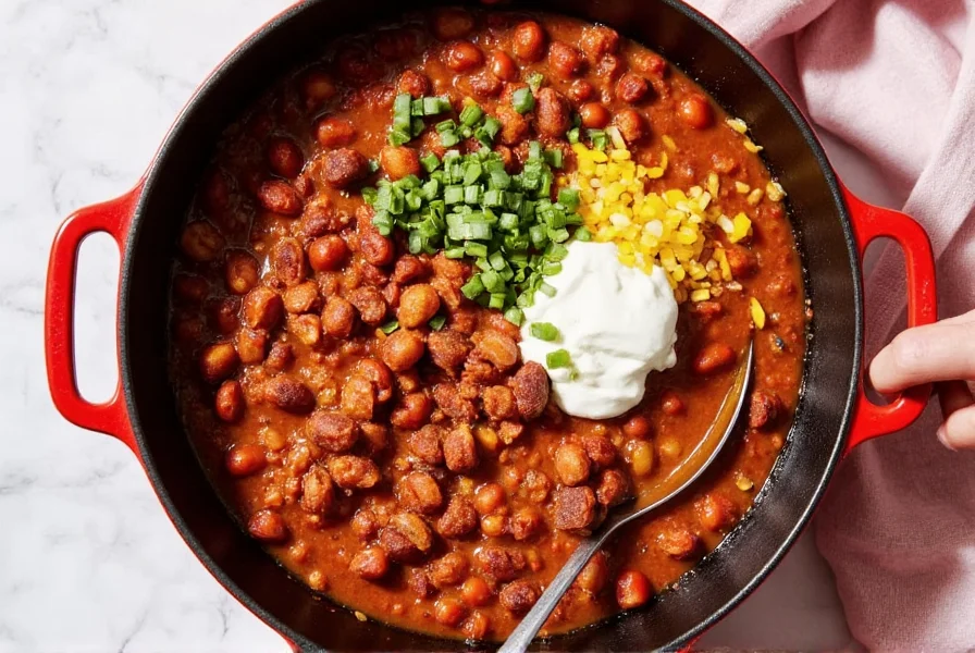 15-minute weeknight chili in cast iron pot with toppings