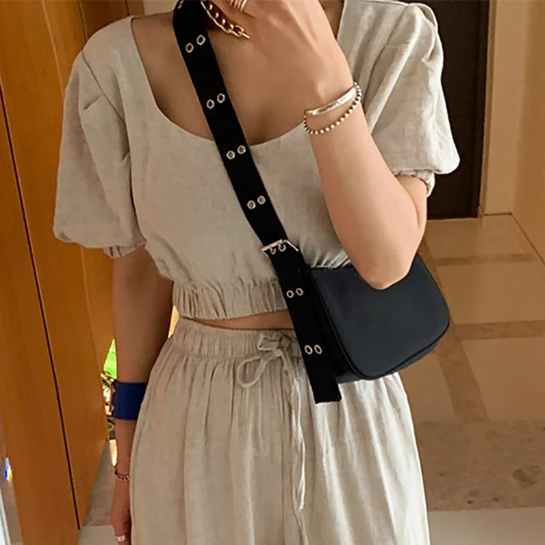 

XP1387 2021 spring and summer trendy black nylon cloth shoulder messenger bag wild retro pin buckle armpit bag