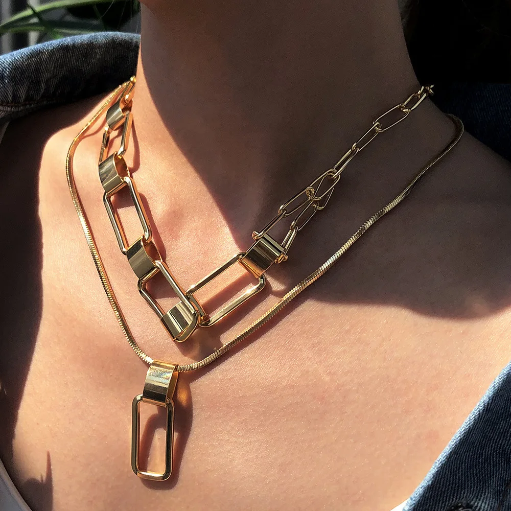 

Gold Plated Exaggerated Women Jewelry Chunky Double Layered Choker Hip Hop Buckle Link Chains Long Pendant Necklace