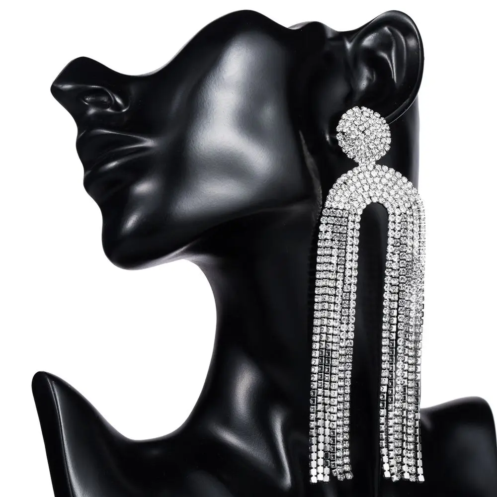 

High Quality Elegant Full Rhinestone Tassel Earrings Silver Plated Long Rhinestone Earrings For Wedding