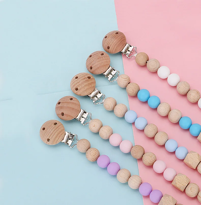 

5 Colors Baby Pacifier Clips Infants Soother Clips Holder Infant Silicone Wooden Bead Nipple Chain Dummy Clip M376
